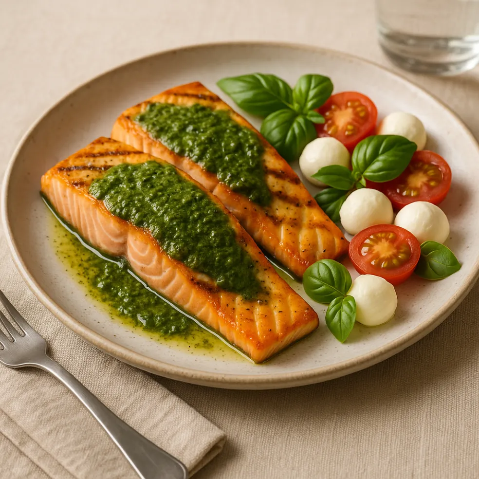 Grilovaný losos s bazalkovým pestom